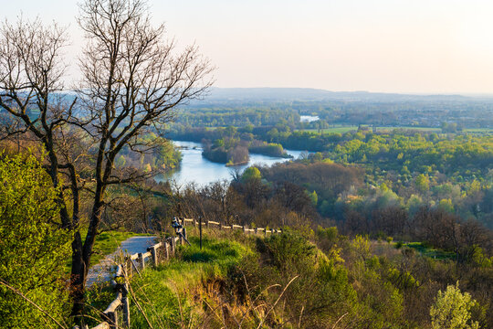 Confluence of the Ari&egrave;ge and Garonne rivers at sunset in spring, seen from Pech David hill