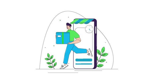 Courier carrying parcel beside smartphone map in delivery app animation