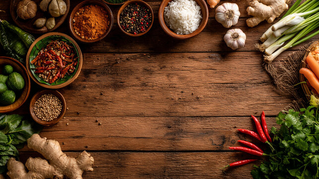 Variety of spices and fresh vegetables on wooden table for cooking