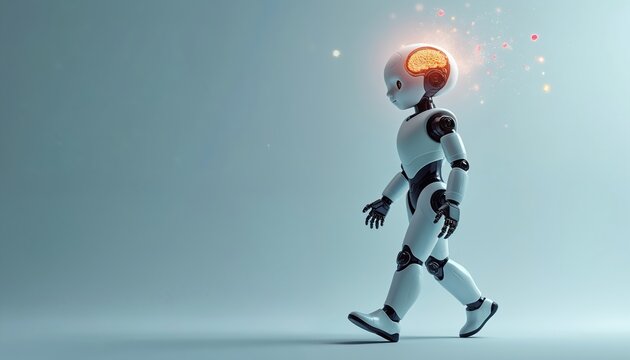 Small humanoid robot with glowing brain walks. Digital particles emanate from its head signifying innovation and new ideas. AI progress symbol.