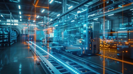 Fototapeta premium Factory production line and futuristic interface