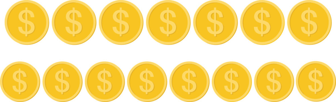 Gold coin set with dollar symbol, shiny cartoon currency icons collection, flat style golden money coins isolated for game UI finance design