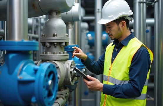 Asian engineer in hard hat and safety vest checks valve system with tablet computer. Man works with industrial pipes and machinery in clean water plant. Technician monitors plumbing infrastructure.