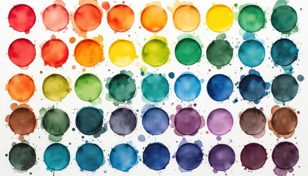 Watercolor circles set in rainbow gradient. Paint swatches arranged neatly in rows. Art supplies for creative projects. Dye palette with fluid drops.