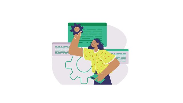 Woman developer holding gear with code windows in software animation