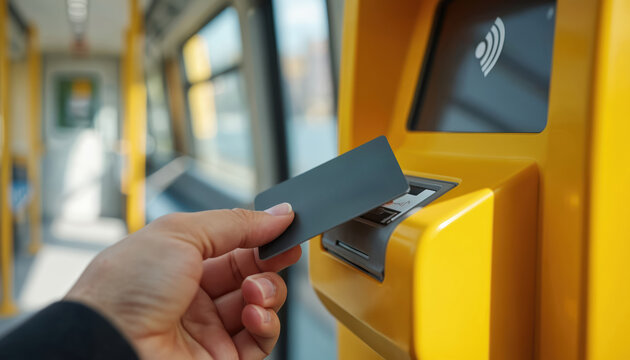 Person uses credit card for contactless payment on yellow public transport machine. Woman pays for travel fare inside modern tram or subway system. Digital ticket validation for urban commute.