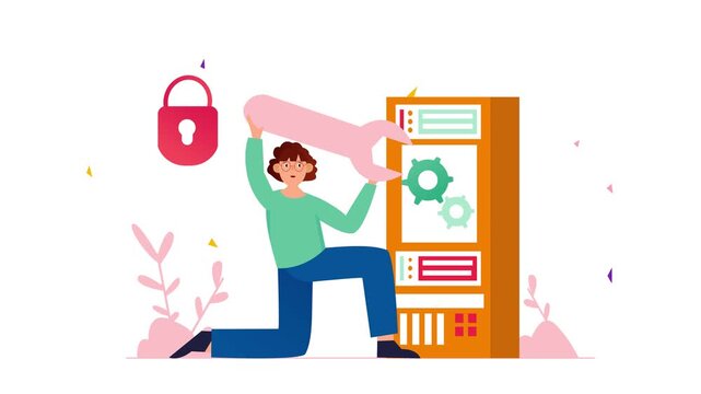 Animated woman fixing software system with wrench and security lock