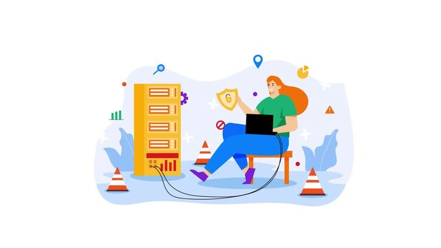 Cybersecurity analyst protecting server data with laptop in flat animation