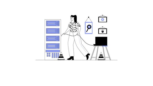 Animated woman performing server maintenance beside server rack