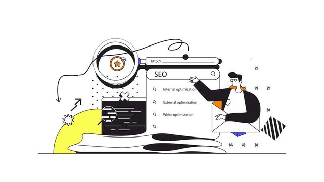 SEO optimization animation with analyst improving search ranking online