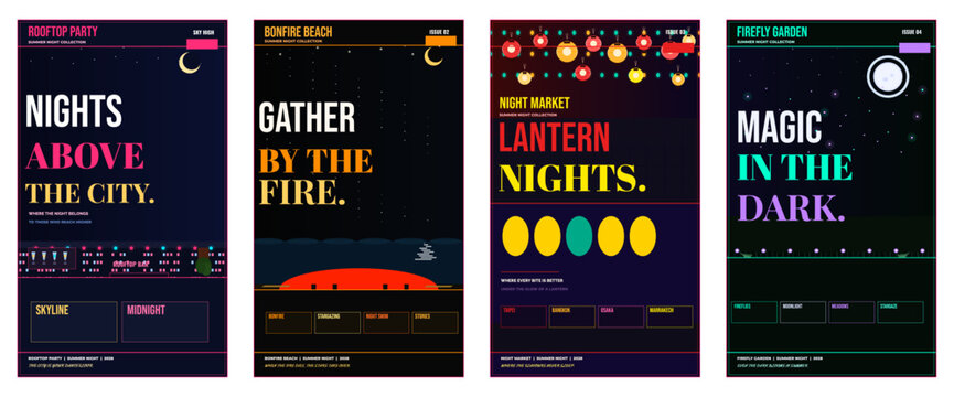 Summer night poster design, nightlife magazine cover, evening party advertisement layout, summer festival brochure template, night market flyer, rooftop bar editorial, premium summer night marketing 
