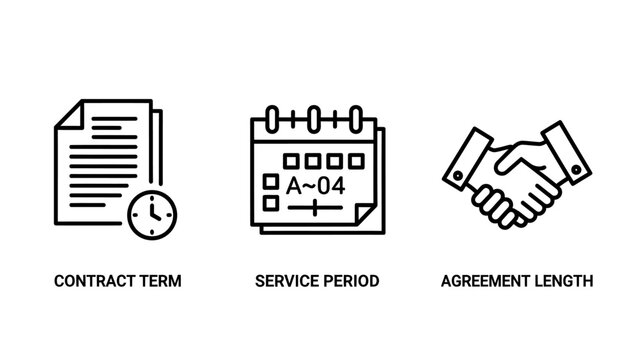 Contract and agreement icons: contract term with clock, service period calendar, agreement length handshake