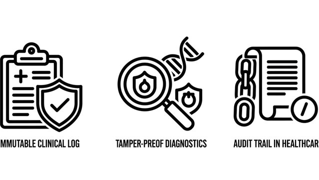 Icons of secure clinical log, tamper-proof diagnostics, and audit trail in healthcare technology and safety