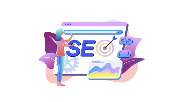 Animated woman optimizing SEO on browser dashboard with target icons
