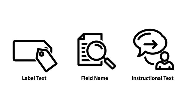 Icons for label text, field name, and instructional text within forms and user interfaces