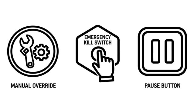 Industrial and control icon set: manual override wrench and gears, emergency kill switch with hand, and a pause button, representing operation, safety, and system control