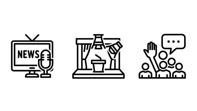 Media and public speaking icon set: television news screen, podium with lights for presentation, and raising hand in a crowd for voting or questions, representing broadcast and communication