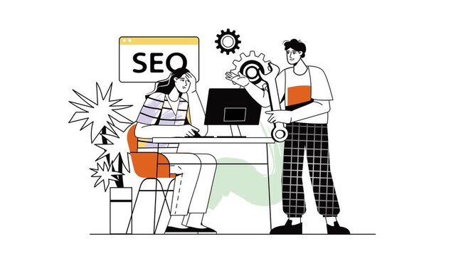 Animated SEO team collaborating at computer with gears in office