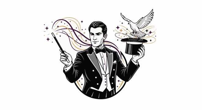 Magician in tuxedo performs trick with wand, dove, and hat