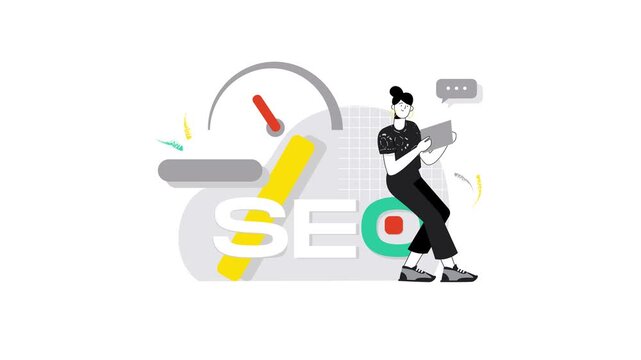 SEO optimization concept with woman using tablet and gauge animation