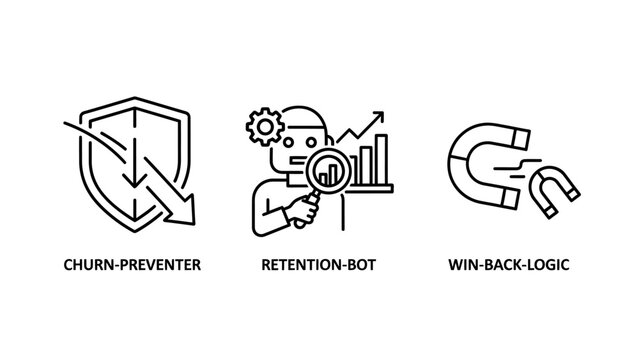 Icons for churn prevention, retention bot, and win-back logic representing customer relationship management, data analysis, and business strategy, icon set