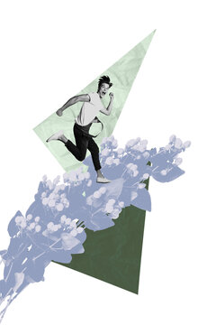 Sketch template design 3D photo collage composite of young man hurry run emotion face flower international woman day florist season