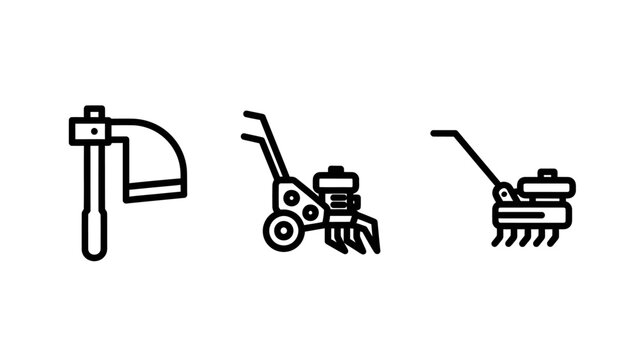 Gardening tools icons: hoe, cultivator, tiller - agriculture and farming equipment, outdoor activity