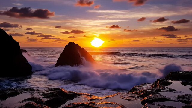 Dramatic ocean sunset with waves crashing on rocky sea stack