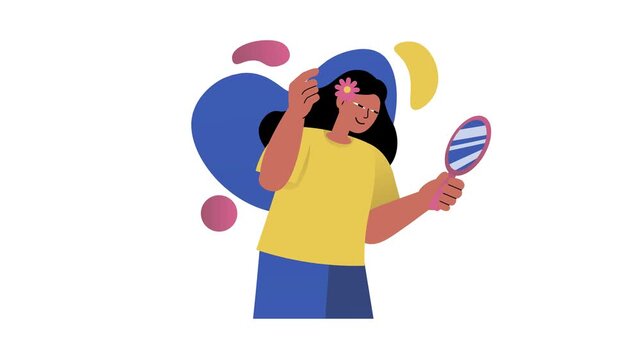 Happy young woman holding mirror and flower in flat animation illustration