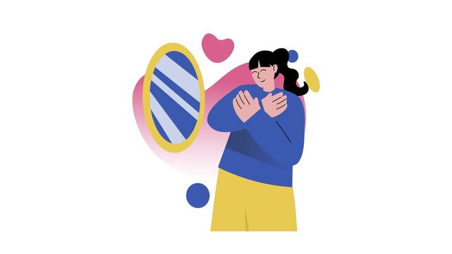 Animated woman embracing self love beside mirror and heart illustration