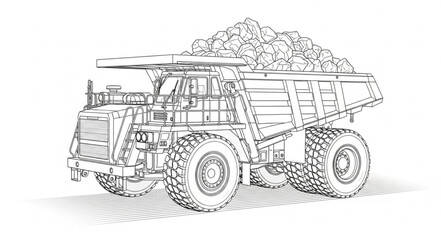 Detailed line drawing of a heavy-duty mining dump truck. © jeng