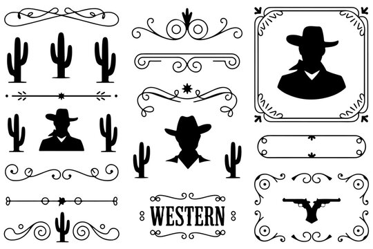 Vintage western-themed decorative elements and border designs collection