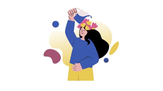 Animated woman watering flower crown in abstract self care concept