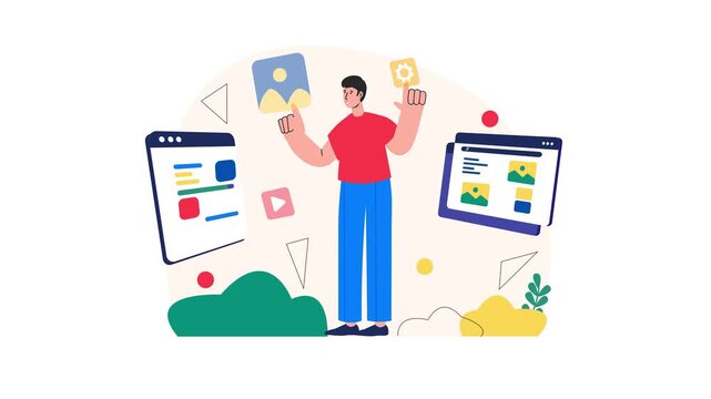 Flat animation of man presenting website UI elements in web design concept