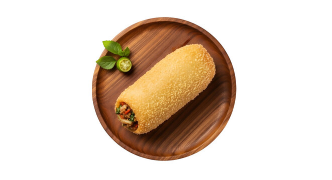 Top view of Risol Pastry Snack served on a wooden plate, isolated on white or transparent background. PNG