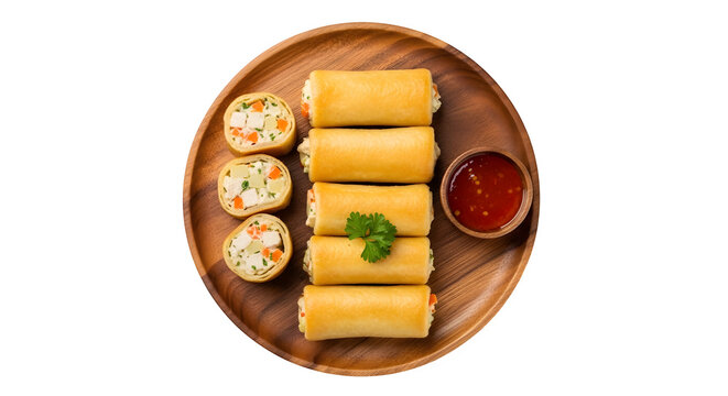 Top view of Risol Pastry Snack served on a wooden plate, isolated on white or transparent background. PNG