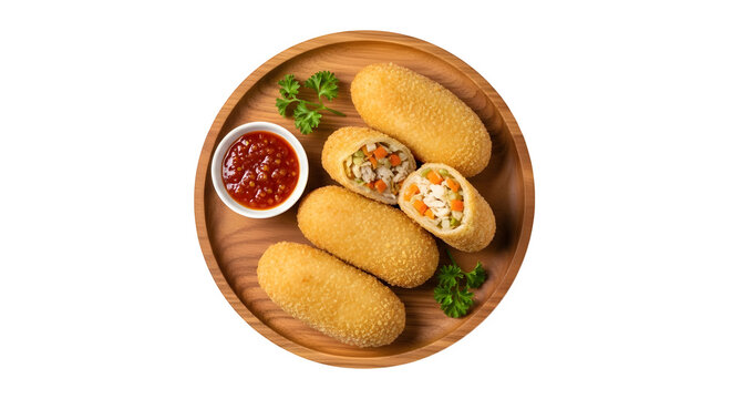 Top view of Risol Pastry Snack served on a wooden plate, isolated on white or transparent background. PNG