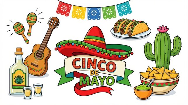 Mexican fiesta elements for cinco de mayo holiday with sombrero tacos guitar and tequila bottle set