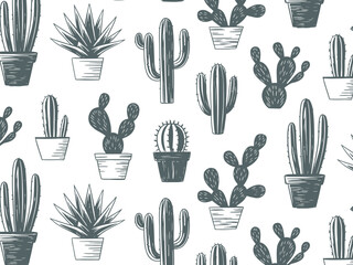 Fototapeta premium Seamless pattern of hand drawn potted cacti and succulents in various shapes and sizes