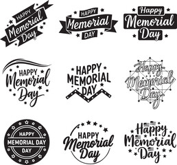 Fototapeta premium Happy Memorial day typography vector set, hand lettering designs with ribbon, floral wreath, stars and USA flag elements