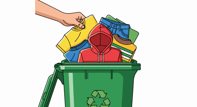 Hand discarding clothes, including red hoodie, into green recycling bin