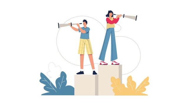 Animated man and woman on podium using telescopes for future vision