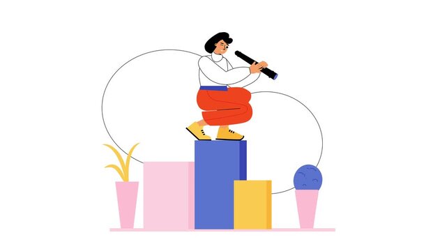 Woman using telescope on podium in colorful flat animation scene