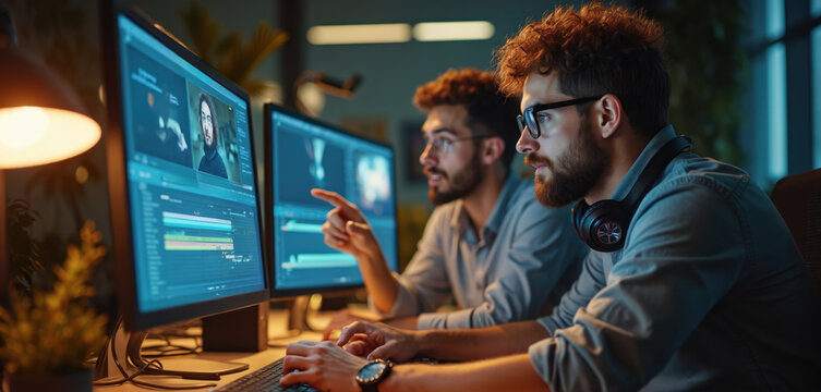 Two men in glasses work on computers editing video. Colleagues collaborate on creative project late at night. Team discusses media production at office desk.