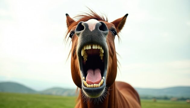 Horse with wide open mouth laughs heartily in green field. Equine animal shows teeth and tongue. Funny farm mammal has its head tilted back.