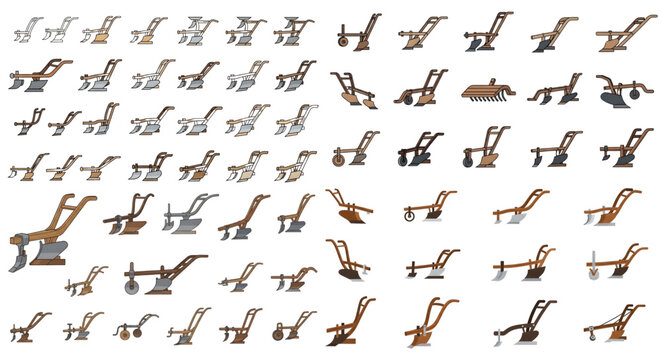 Vintage farm plow color vector illustrations set, A large, diverse collection of detailed, full-color vector illustrations on a white background, depicting various vintage horse-drawn and walking farm