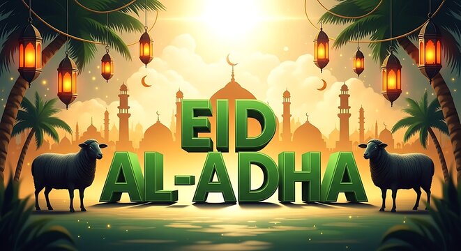 Eid al adha celebration background with mosque and sheep decorations
