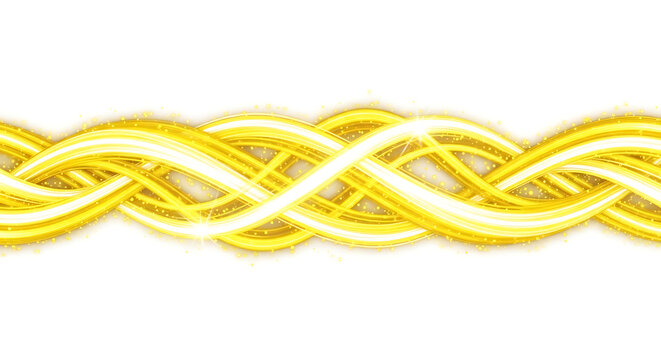 Abstract golden yellow intertwined wavy lines pattern with glowing light effect, decorative swirls on white background design element, yellow waves