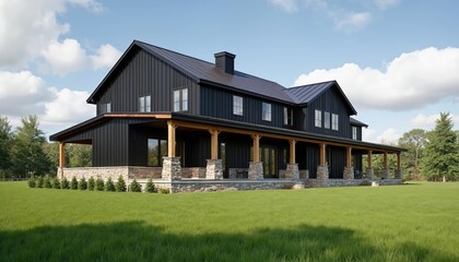 Obraz premium Modern black barndominium home features stone foundation and wood porch. Large country house sits on green lawn with trees. Expansive property has metal roof and chimney.