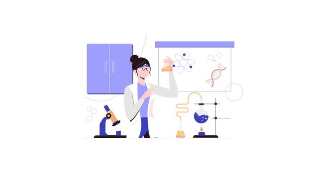 Animated female scientist conducting biology experiment in modern lab